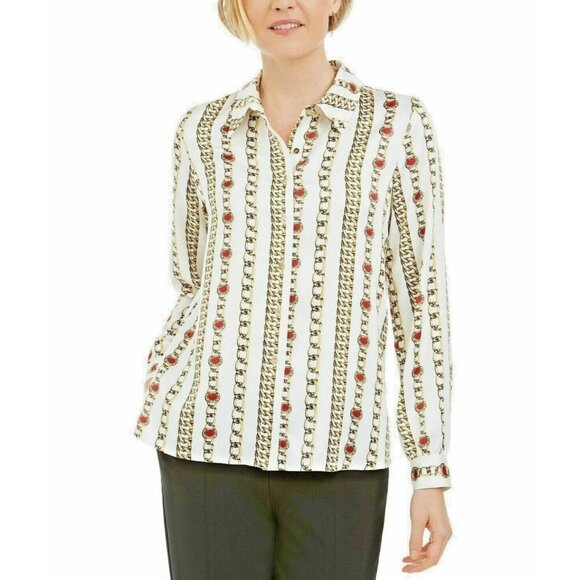 KASPER WHITE CAREER BLOUSE SIZE 4 $79 Gold Chain Design Womens Button Front - Picture 1 of 14